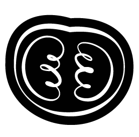 Black and white icon of a stylized tomato or circular design