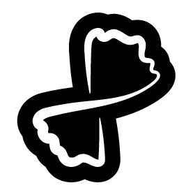 Black and white icon of a ribbon with a heart shape