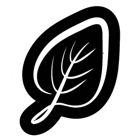 Black and white icon of a leaf with a circular outline on a white background
